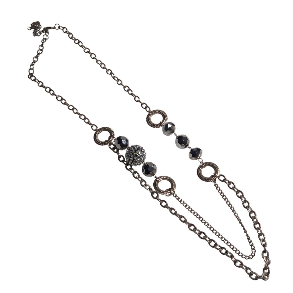 You And I Long Necklace Gunmetal Beaded Rhinestone Loops Layered Chains Jewelry